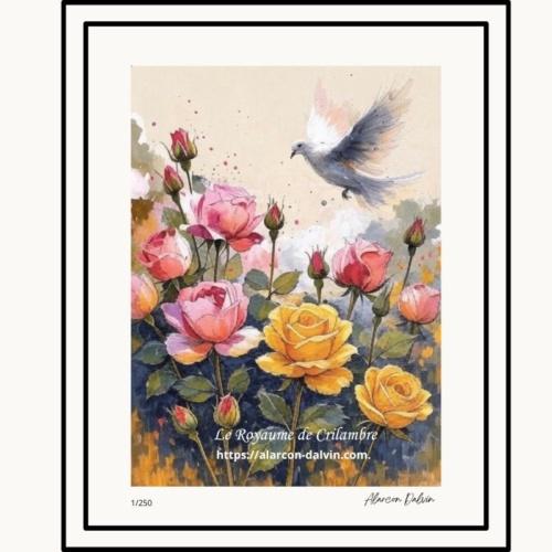 Tirage d’art numéroté Fleurs de la Paix avec colombe, roses roses et jaunes, reproduction de peinture en édition limitée.