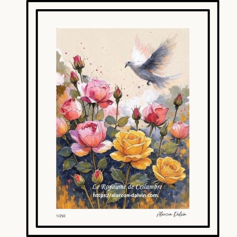 Tirage-d'art-numéroté-fleurs-de-la-paix-Reproduction-peinture-Edition-limitée - 16 Tirage d’art numéroté Fleurs de la Paix avec colombe, roses roses et jaunes, reproduction de peinture en édition limitée.