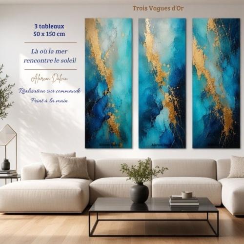 Triptyque abstrait bleu et or en 3 tableaux 50 x 150 cm, œuvre sur commande Alarcon Dalvin