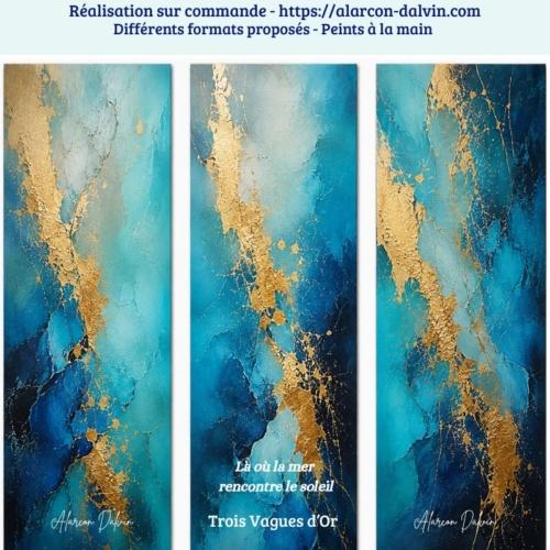Triptyque abstrait bleu et or peint à la main, œuvre sur mesure Alarcon Dalvin
