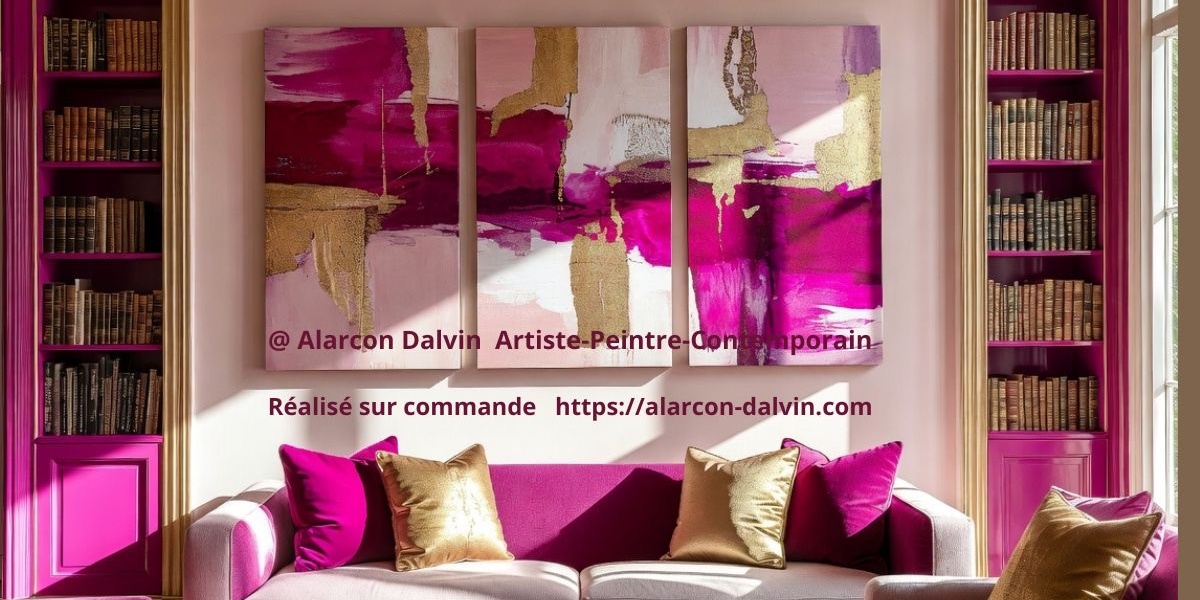 Triptyque-rose-abstrait-sur-commande-Artiste-peintre-Alarcon-Dalvin – 5 Triptyque abstrait rose fuchsia et or réalisé sur commande pour décoration murale moderne par l'artiste Peintre Alarcon Dalvin