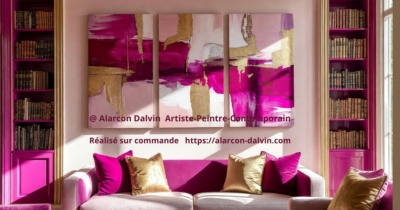 Triptyque abstrait rose fuchsia et or réalisé sur commande pour décoration murale moderne par l'artiste Peintre Alarcon Dalvin