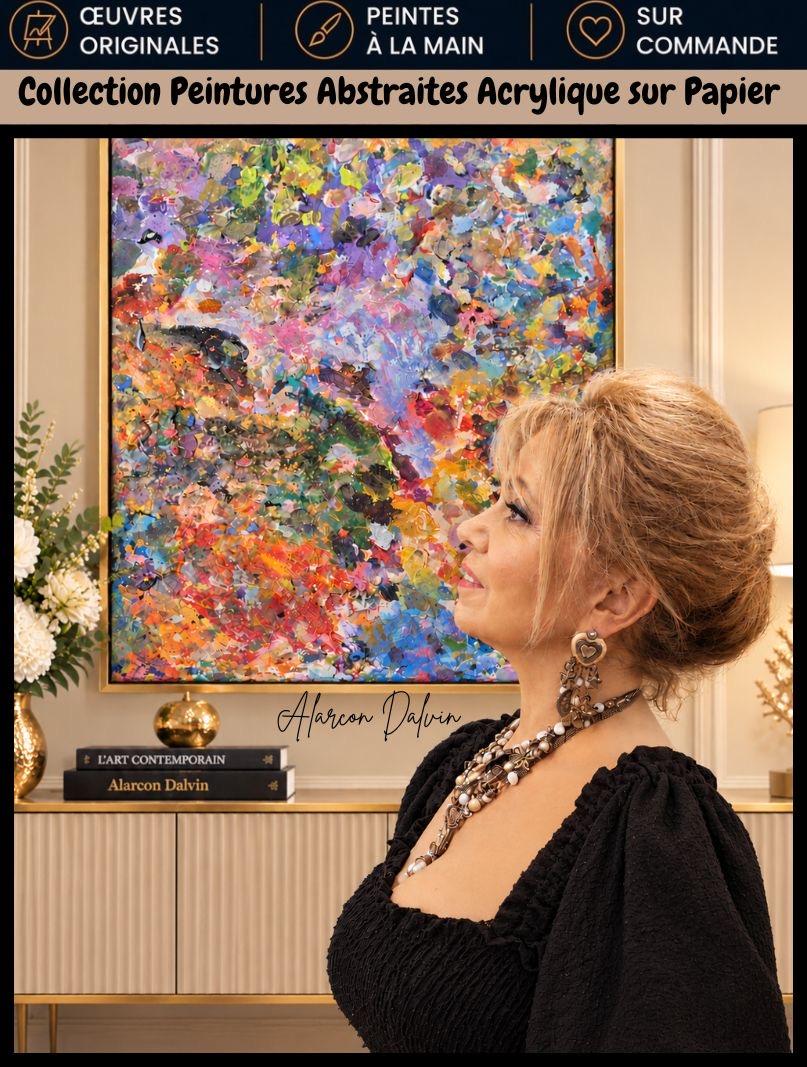 Alarcon Dalvin artiste peintre devant une peinture abstraite texturée dans un intérieur grège oeuvre originale appartenant à sa collection en vente en ligne