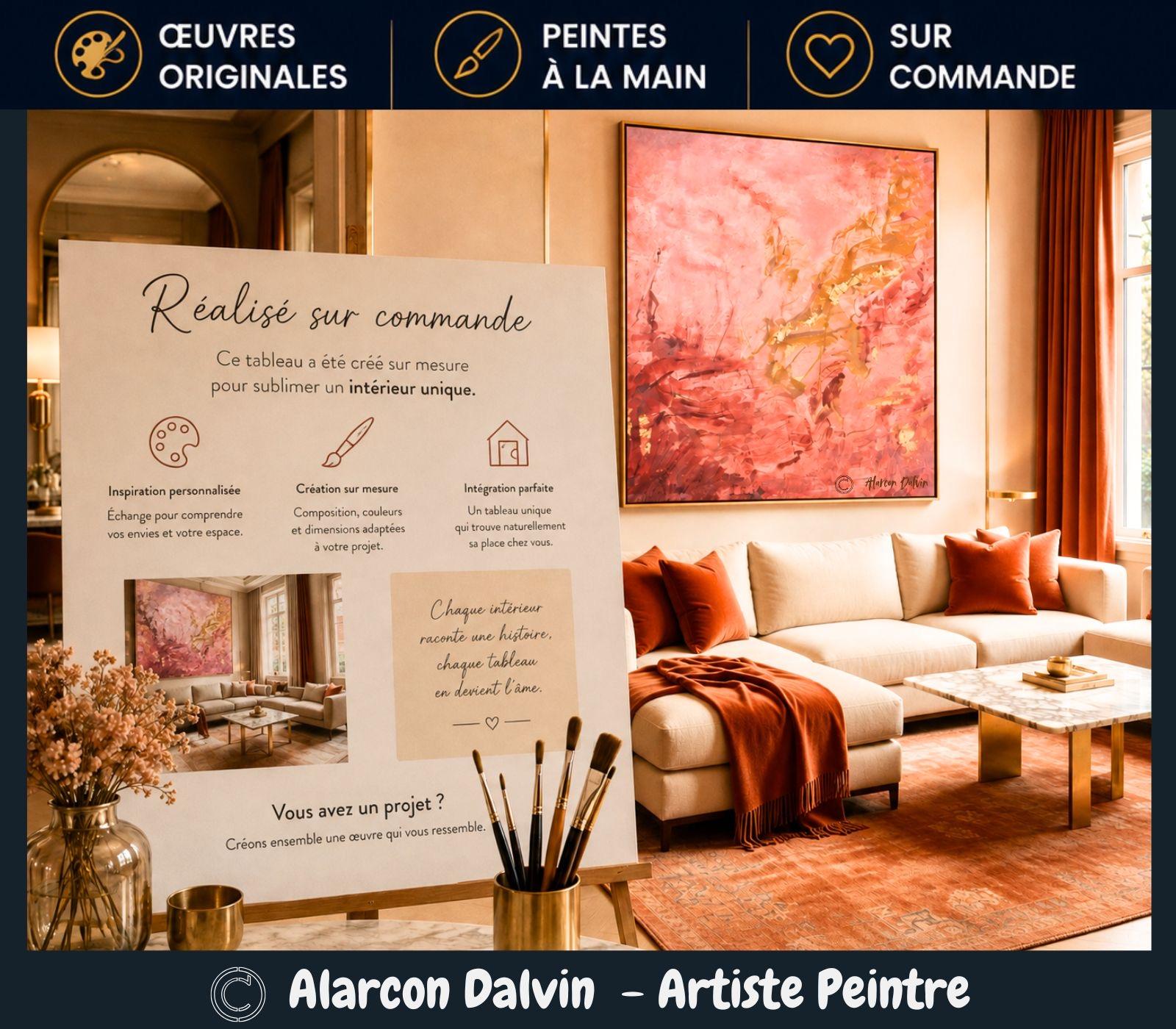 tableau peinture abstraite couleur terracotta or réalisé sur commande peint à la main pour un salon moderne peinture unique à l'acrylique sur toile Artiste Peintre Alarcon Dalvin