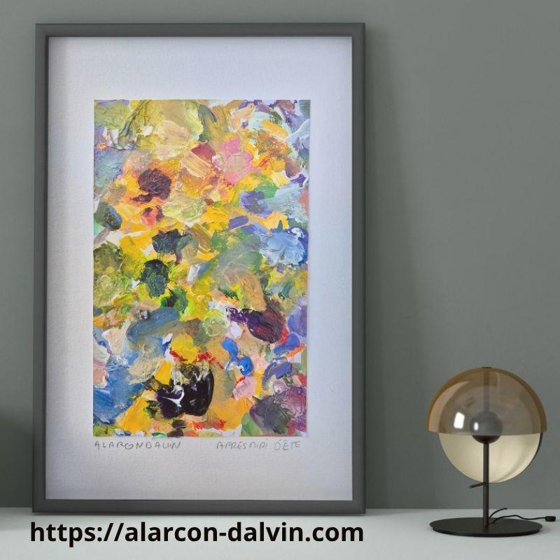 Œuvre Après-midi d’été, peinture abstraite contemporaine sur papier, mise en situation dans une décoration intérieure moderne.