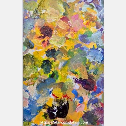 Fleurs - Après-midi d’été – œuvre abstraite contemporaine sur papier, réalisée à l’acrylique au couteau dans des tons jaune, vert et bleu, par l’artiste peintre Danielle Alarcon Dalvin.