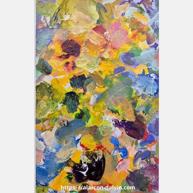 Fleurs - Après-midi d’été – œuvre abstraite contemporaine sur papier, réalisée à l’acrylique au couteau dans des tons jaune, vert et bleu, par l’artiste peintre Danielle Alarcon Dalvin.