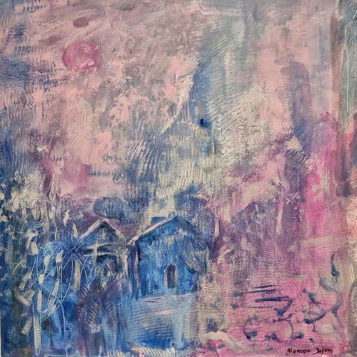 Aquarelle abstraite de l'artiste Peintre Alarcon Dalvin Oeuvre originale sur papier tons bleu rose Deux maisons bleues du bonheur sous la lune rose symbole de féminité une invitation à la rêverie