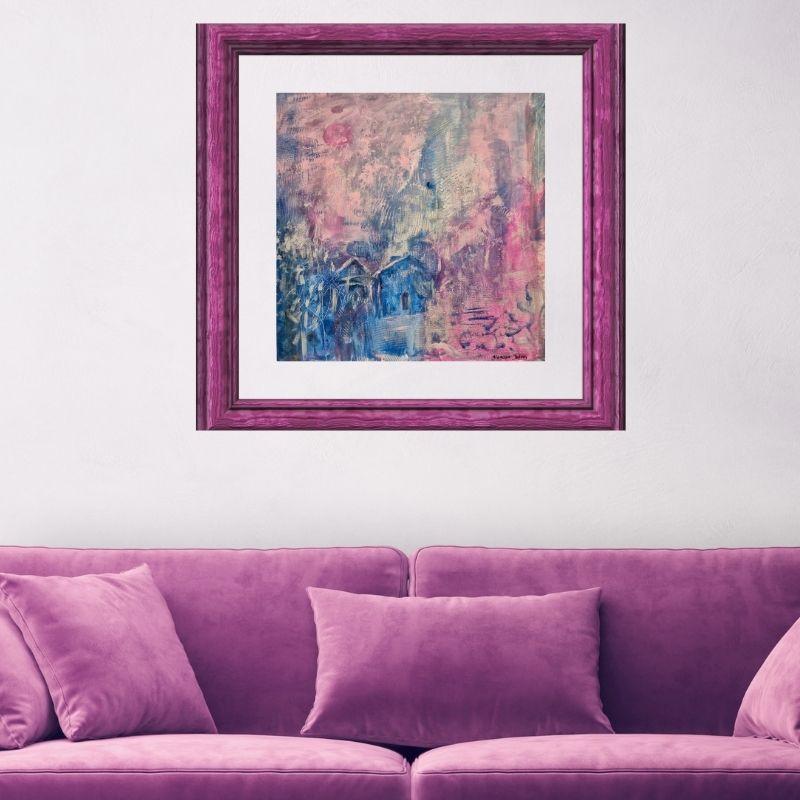 Aquarelle abstraite carrée moderne, lune rose et ciel poétique, œuvre d’Alarcon Dalvin.