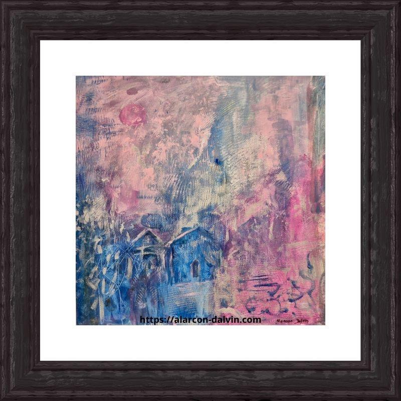 Aquarelle abstraite représentant deux maisons bleues sous une lune rose par l’artiste Alarcon Dalvin.