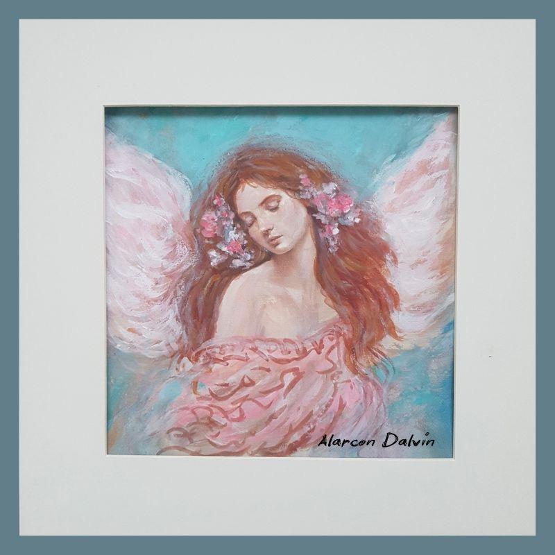 aquarelle originale tableau spirituel ange gardien avec fleurs dans les cheveux peinture bleu et rose