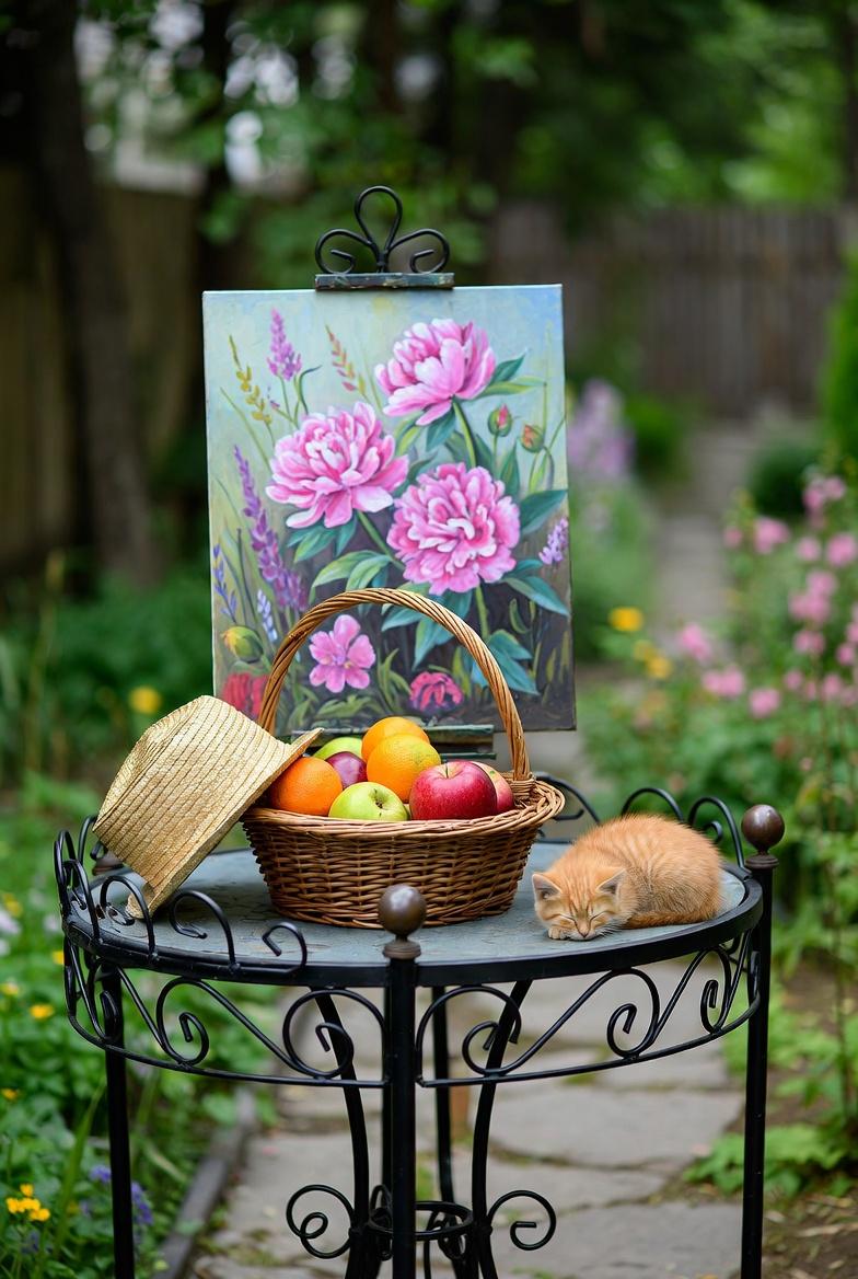 Atelier d'artiste peintre Alarcon Dalvin à Saint-Paul-de-Vence : chevalet avec tableau en cours, table ancienne en fer forgé blanche, panier de fruits frais et chat curieux au jardin sous la lumière provençale