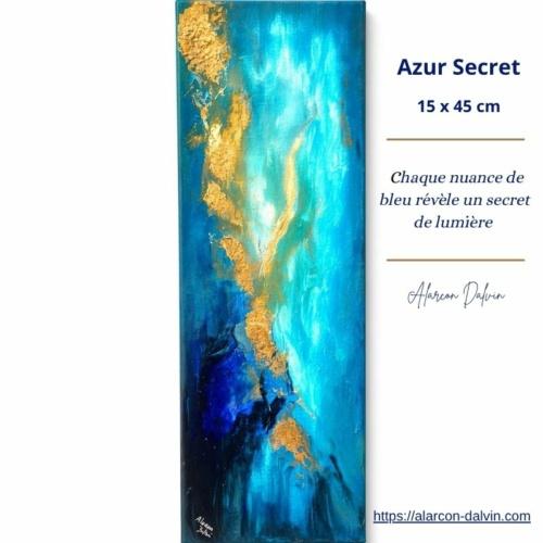 Vue en gros plan du tableau abstrait bleu avec des touches d'or et des feuilles d'or Azur secret peint à la main par Alarcon Dalvin