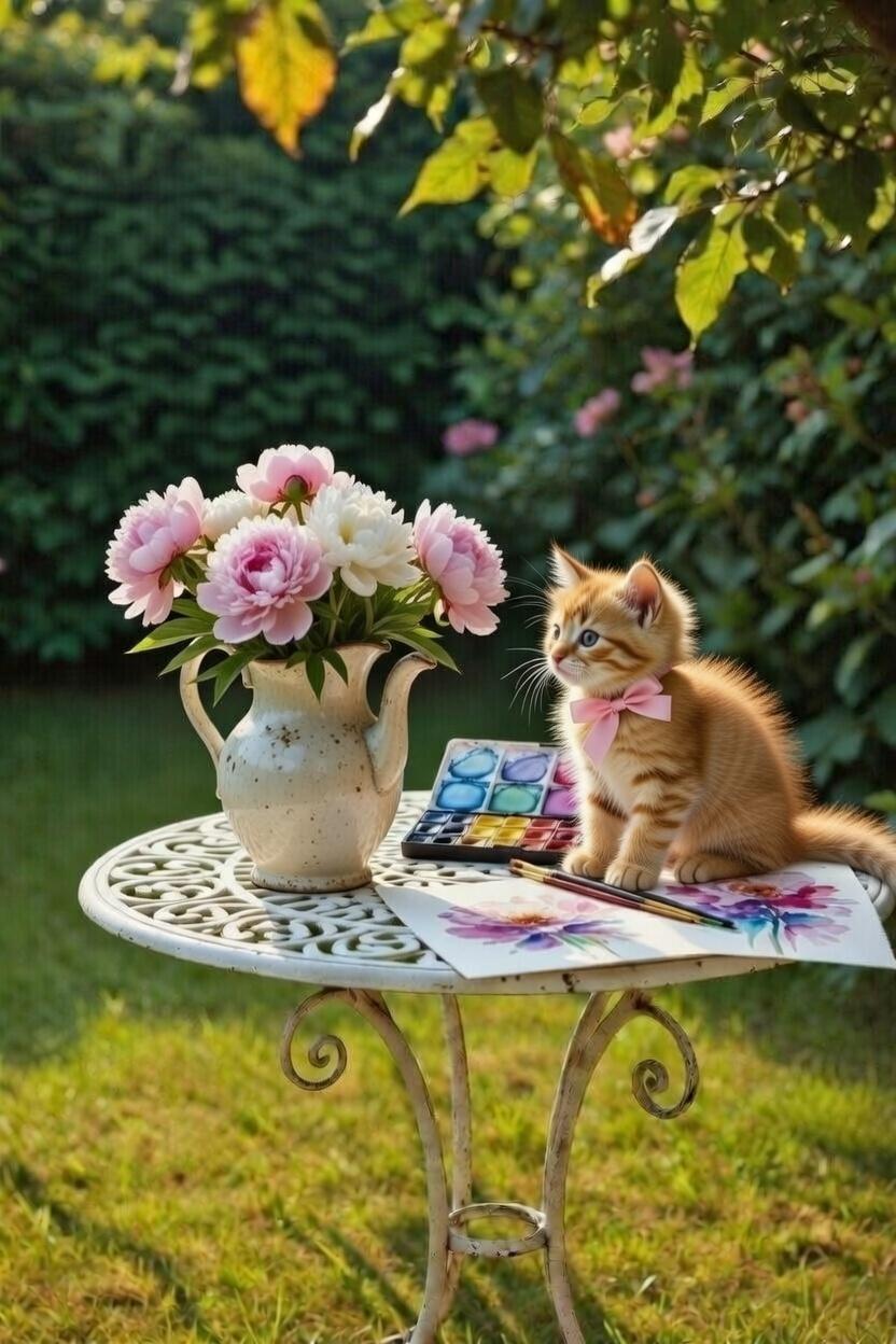 Chat posé sur aquarelles florales avec bouquet de pivoines roses éclatantes et pinceau abandonné, dans l'atelier d'artiste peintre Alarcon Dalvin à Saint-Paul-de-Vence, Côte d'Azur provençale