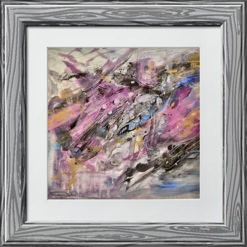 Aquarelle abstraite gris jaune bleue traits noirs “Chemin vers la Plénitude” par Alarcon Dalvin, encadrée gris clair