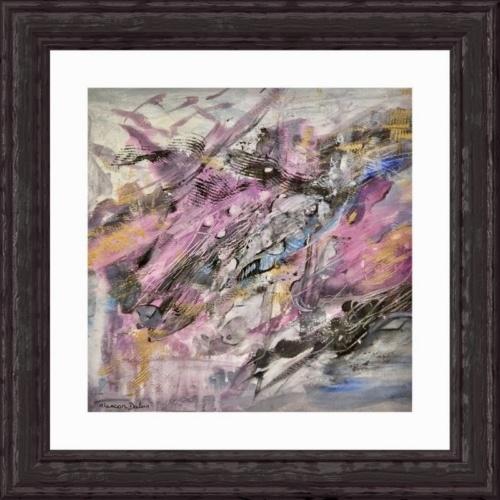 Tableau spirituel abstrait Aquarelle abstraite grise jaune bleue avec graphisme noir « Chemin vers la Plénitude » avec cadre noir