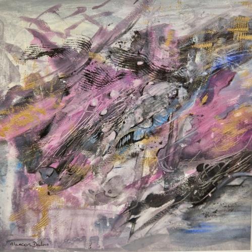 Aquarelle abstraite spirituelle gris bleu jaune noir « Chemin vers la Plénitude » sans cadre