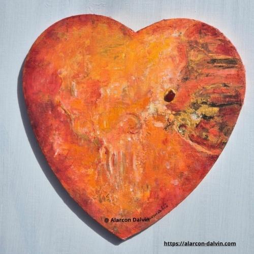 Tableau abstrait texturé représentant un cœur inspiré du style wabi-sabi, avec des nuances terracota orange et or et agate et une composition élégante réalisé à la main artiste peintre Alarcon Dalvin