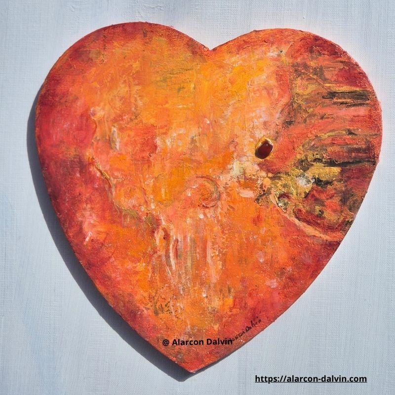 coeur-wabi-sabi-agate-tableau-abstrait-texture. Tableau abstrait texturé représentant un cœur inspiré du style wabi-sabi, avec des nuances terracota orange et or et agate et une composition élégante réalisé à la main artiste peintre Alarcon Dalvin