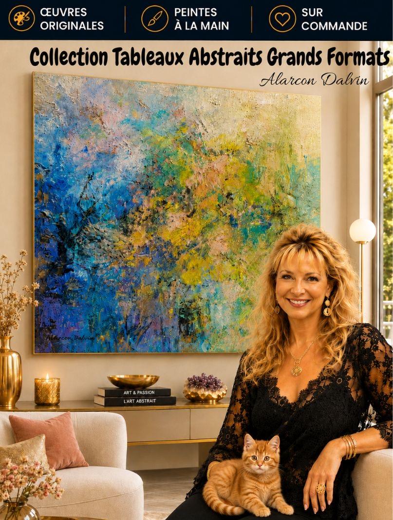 Collection de tableaux abstraits grands formats peints à la main à l'acrylique sur toile par l'artiste peintre contemporain Alarcon Dalvin présentés dans un intérieur élégant