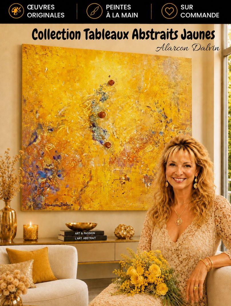 collection tableaux abstraits jaunes en vente en ligne et sur mesure de l'artiste Peintre Alarcon Dalvin Oeuvres d'art originales jaunes de style abstrait peint main matières mouvement et couleurs jaunes