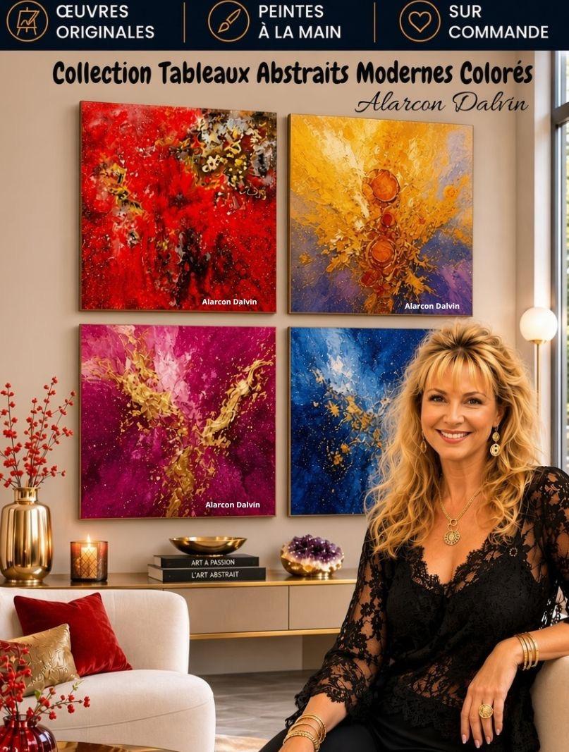collection de tableaux abstraits modernes colorés peints à la main à la peinture acrylique à la main et au couteau présentation atelier artiste peintre Alarcon Dalvin intérieur contemporain