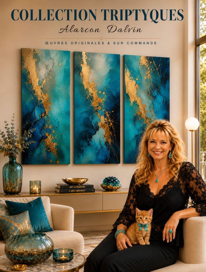 Tableaux triptyques abstraits design peints à la main à l'acrylique sur toile au pinceau et au couteau en vente en ligne sur le site de l'artiste peintre contemporain Alarcon Dalvin