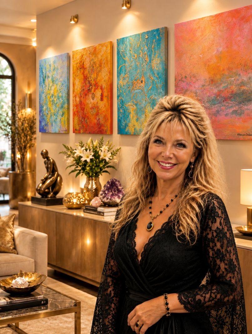 Danielle Alarcon Dalvin présentant ses tableaux abstraits colorés contemporains dans un intérieur contemporain