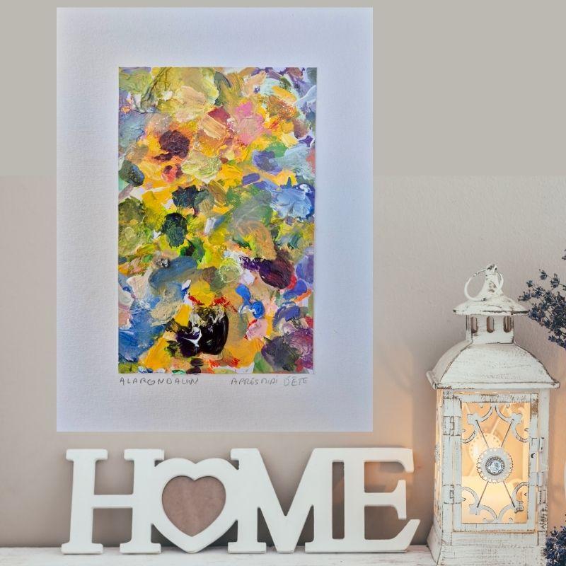 détail peinture abstraite oeuvre abstraite sur papier un après midi d'été est une peinture de fleurs dans un jardin imaginaire aux couleurs éclatantes baignées de soleil fait main par l'artiste Peintre Alarcon Dalvin