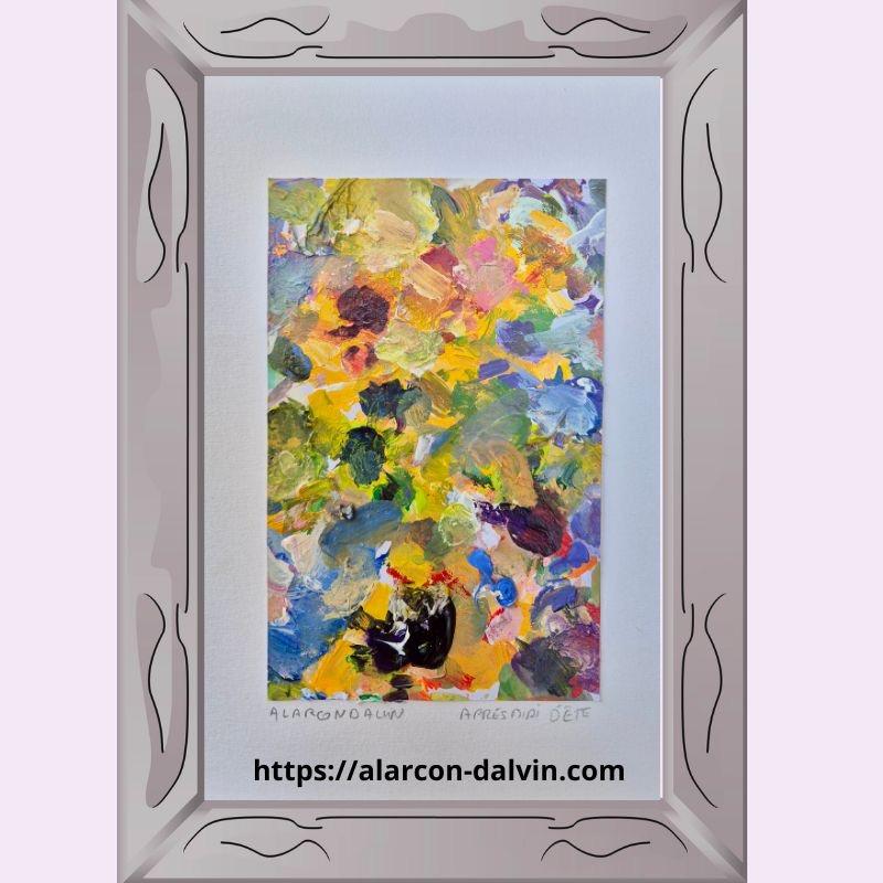 Détail du geste au couteau dans la peinture abstraite Après-midi d’été, œuvre à l’acrylique sur papier réalisée par l’artiste peintre Danielle Alarcon Dalvin.