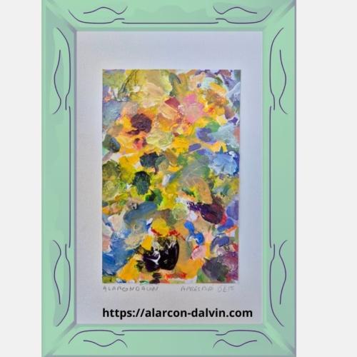 oeuvre sur papier réalisée à la main par l'artiste Peintre Alarcon Dalvin Peinture abstraite au couteau unique un après-midi d'été qui évoque les fleurs