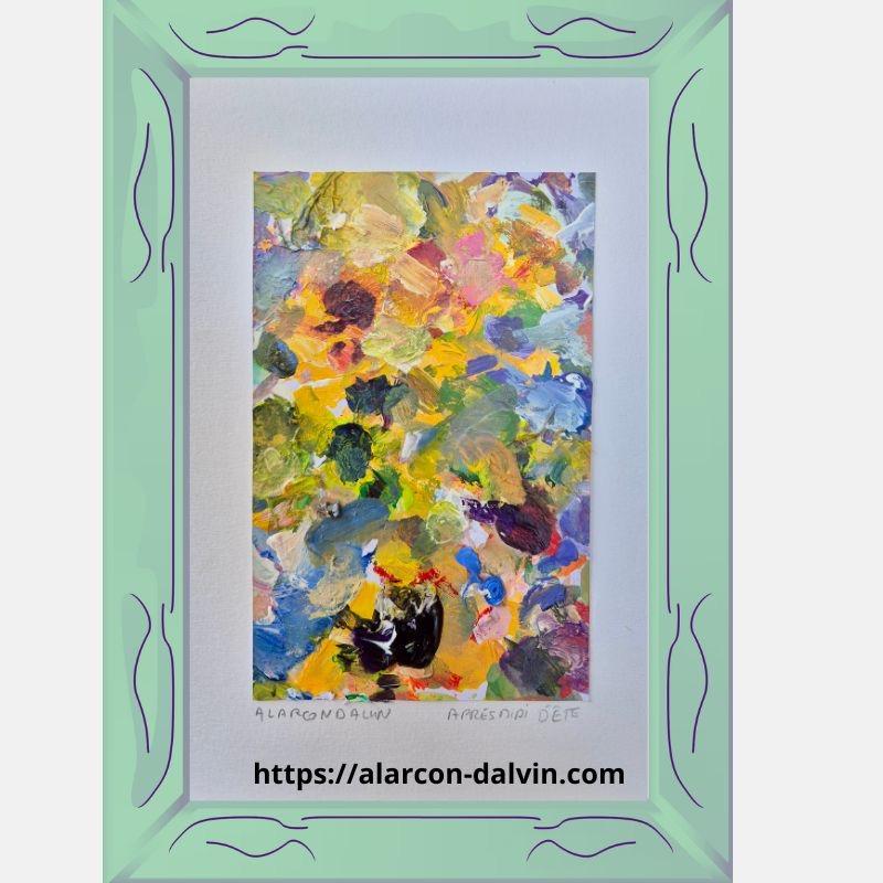 oeuvre sur papier réalisée à la main par l'artiste Peintre Alarcon Dalvin Peinture abstraite au couteau unique un après-midi d'été qui évoque les fleurs