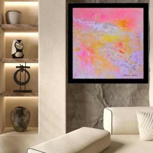 Tableau abstrait "Douceur Rose" en teintes roses délicates, réalisé à la main à l'acrylique, idéal pour une décoration intérieure moderne et élégante.