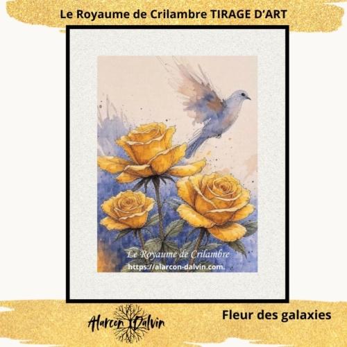 Tableau « Fleur des Galaxies » d’Alarcon Dalvin – fleurs jaunes avec passe-partout – reproduction en édition limitée.intérieure ou collection.