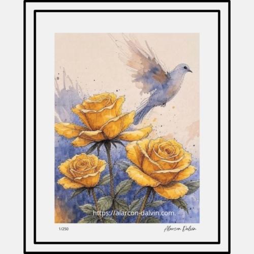 Reproduction tableau contemporain fleur des galaxies fleurs jaunes avec passe partout en édition limitée artiste peintre contemporain Alarcon Dalvin Oeuvre sur papier en tirage d'art univers le royaume de crilambre