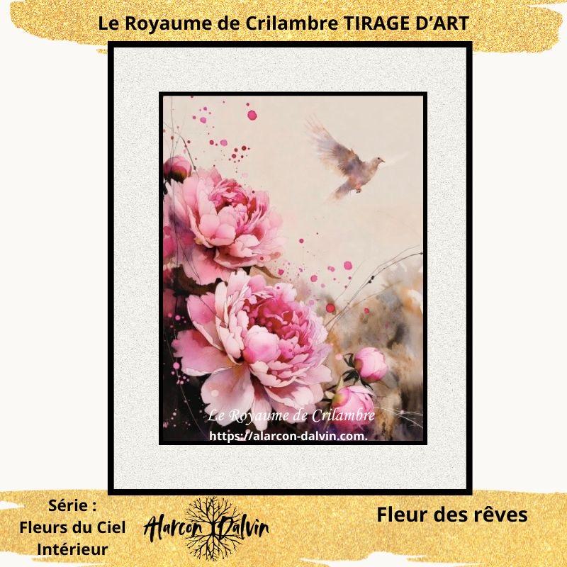 fleur-des-rêves-colombe-fleurs-roses - 16 «Fleur des Rêves – colombe blanche et fleurs roses sur fond beige lumineux, tirage d’art numéroté impression d'art haute qualité sur papier fine art artiste Peintre Alarcon Dalvin univers le royaume de crilambre
