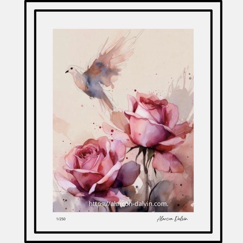 fleur-du-bonheur-fleurs-roses-avec-passe-partout-édition-limitée - 37 Fleurs du bonheur tirage d'art limité reproduction de tableau contemporain de fleurs roses et colombe