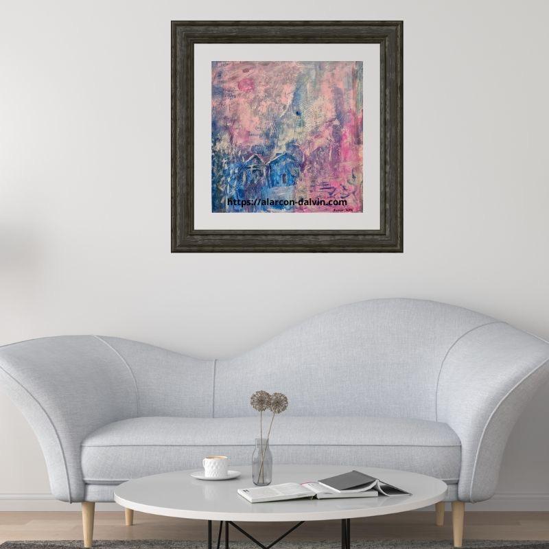 Œuvre originale d’Alarcon Dalvin, aquarelle abstraite sur papier beaux-arts, lune rose et bonheur.