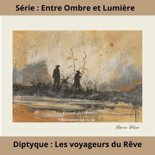 Oeuvre sur papier Crilambre « Voyageurs du rêve 1 », dessin, encre et peinture, série Ombre et Lumière – Alarcon Dalvin.