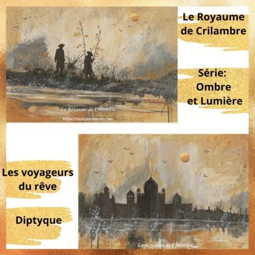 Oeuvre sur papier artiste peintre Alarcon Dalvin encre dessin peinture les voyageurs du rêve diptyque de la série ombre et lumière
