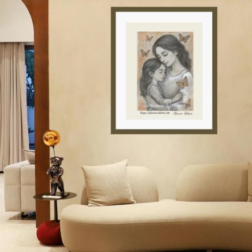 Peinture figurative contemporaine représentant une mère et son enfant, œuvre originale réalisée sur papier Beaux-Arts. Portrait tendre et unique.