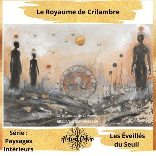 Œuvre sur papier Crilambre intitulée *Éveillés du Seuil*, silhouettes noires de dos dans un paysage abstrait, regardant l’horizon, ciel gris-bleu, terre ocre avec rehauts dorés, symbolisant le passage de la lueur avant la lumière.