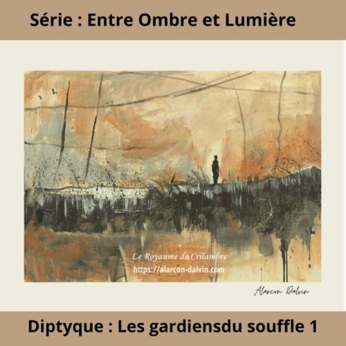 Gardiens du Souffle 1 – Diptyque sur papier par Alarcon Dalvin, peinture abstraite avec dessin à l’encre et lavis acrylique, univers Crilambre, unesilhouette contemplative traversant un paysage symbolique.