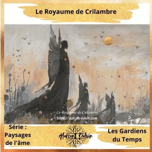  Œuvre sur papier Crilambre intitulée Gardiens du temps, silhouettes noires ailées évoquant des anges, réalisées à l’encre et à la peinture dans un paysage abstrait, symbolisant la mémoire, la patience et la transmission.