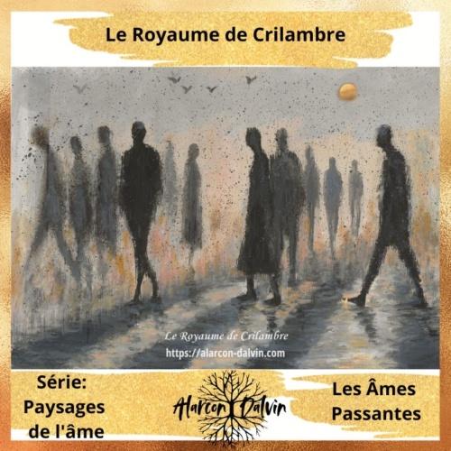 Œuvre sur papier intitulée Les âmes passantes, silhouettes en marche réalisées à l’encre, au dessin et à la peinture, symbolisant la solitude moderne et la distance malgré la proximité appartient au Royaume de crilambre une oeuvre illustrée accompagnée de mini poésie créée par l'artiste Peintre Alarcon Dalvin