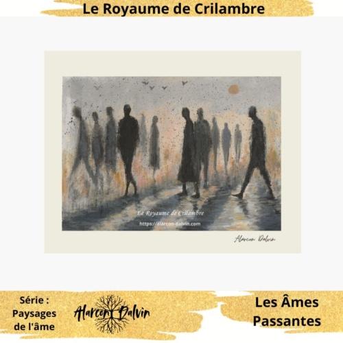 Œuvre sur papier “Les Âmes Passantes” d’Alarcon Dalvin présentée avec un passe-partout, finition élégante idéale pour décoration intérieure moderne.