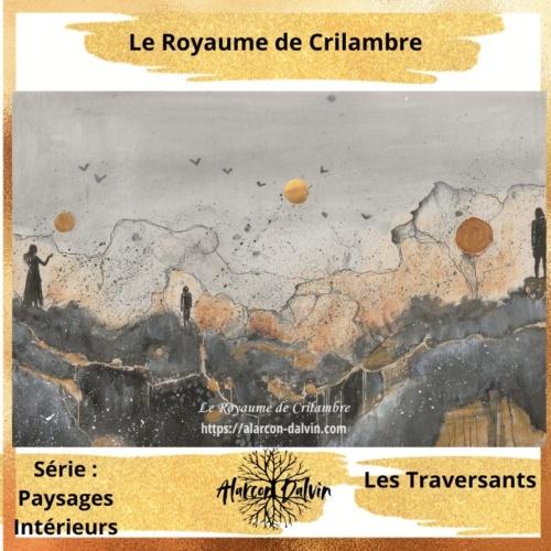 Œuvre sur papier Crilambre intitulée Les traversants, silhouettes en mouvement dans un paysage intérieur abstrait réalisé à l’encre, au dessin et à la peinture.