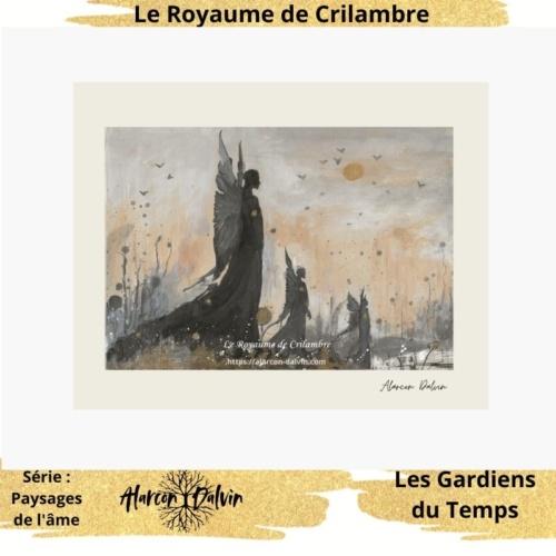 Peinture semi-abstraite intitulée « Les gardiens du temps », réalisée à l’acrylique, encre et dessin sur papier, format 21 × 29,7 cm. Composition évoquant des formes symboliques et fluides représentant des gardiens temporels univers crilambre artiste Peintre contemporain Alarcon Dalvin