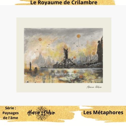 Image de paysage semi-abstrait avec figures noires protectrices