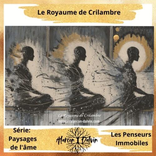 Silhouettes noires assises de profil, immobiles, avec touches d’or, œuvre sur papier de la collection L’Homme et l’Infini – Alarcon Dalvin